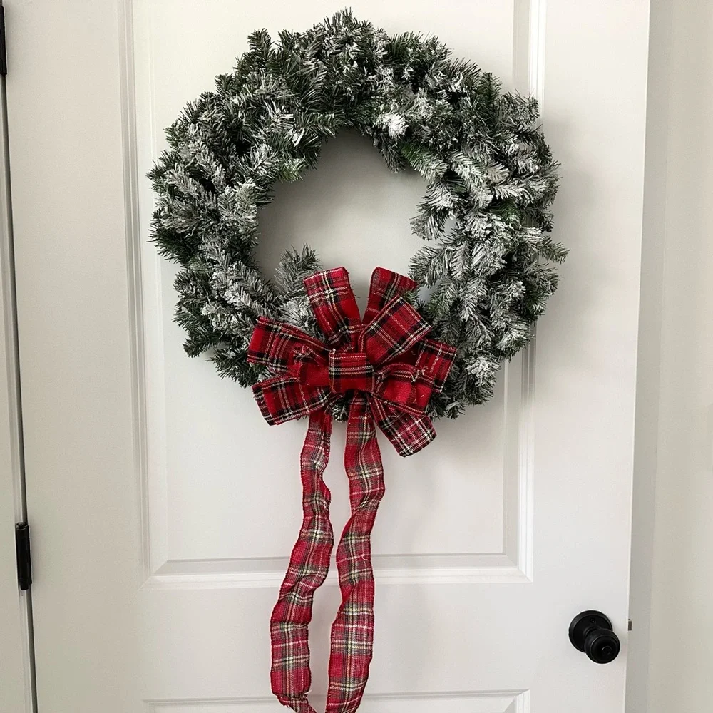 Holiday Christmas Snow Flocked Wreath With Tartan Red Plaid Bow